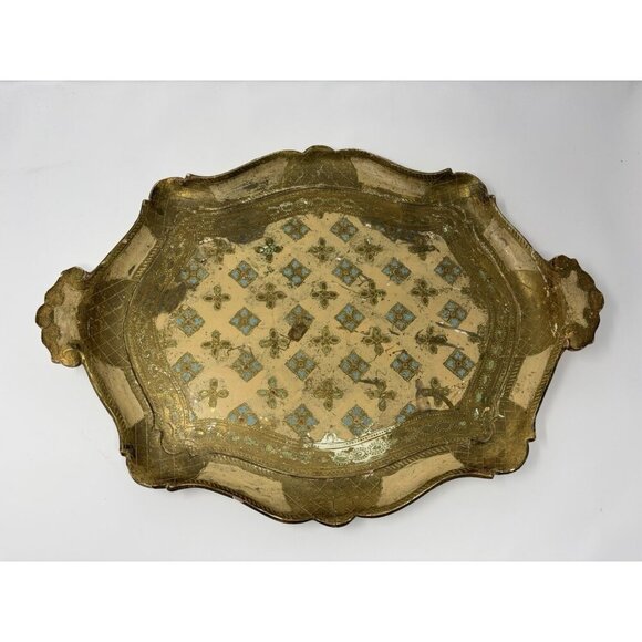 Mid Century Italian Blue GoHollywood Regency Florentine Serving Tray Wood 20x15" - Picture 1 of 16